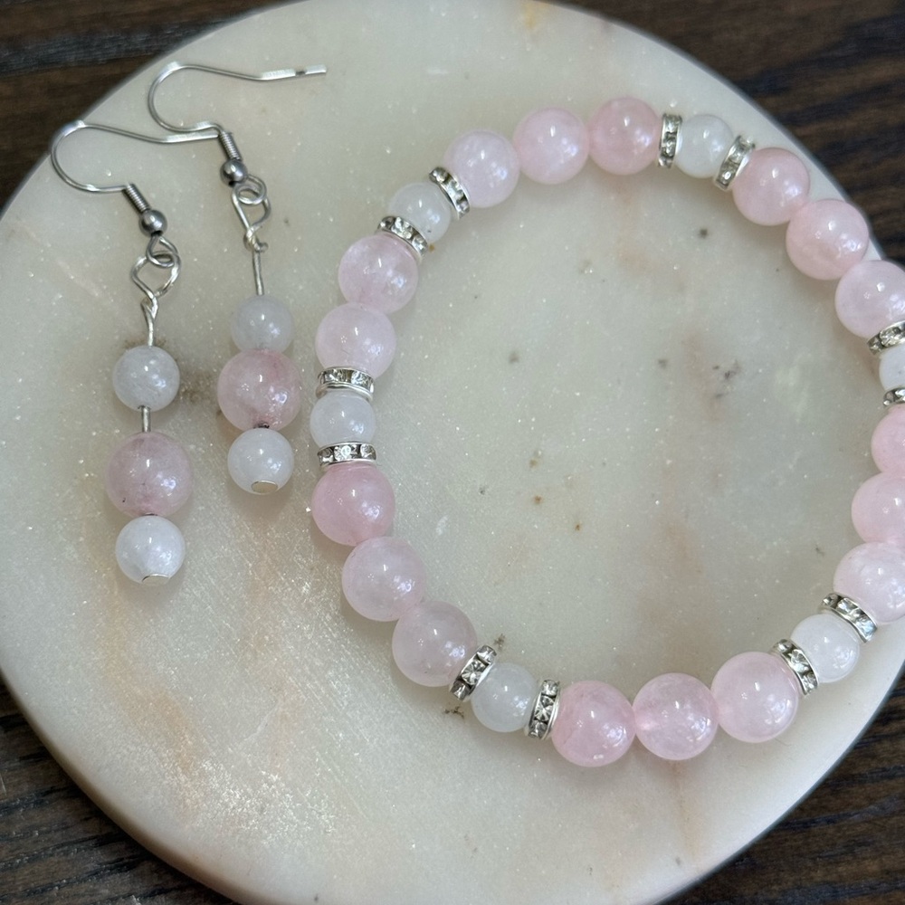 Adult Rose Quartz and White Jade Bracelet and Earrings Set Stretchy Beaded